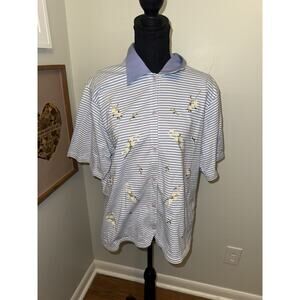 Casey & Max Womens Blue White Flower Embroidered Blouse Buttons Cottagecore XL